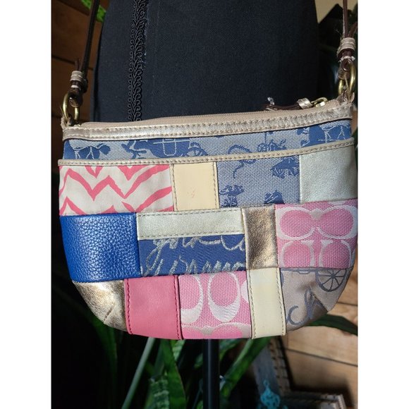 Coach Crossbody Patchwork Collection Small Gold Pink Blue Quilt - Picture 1 of 7